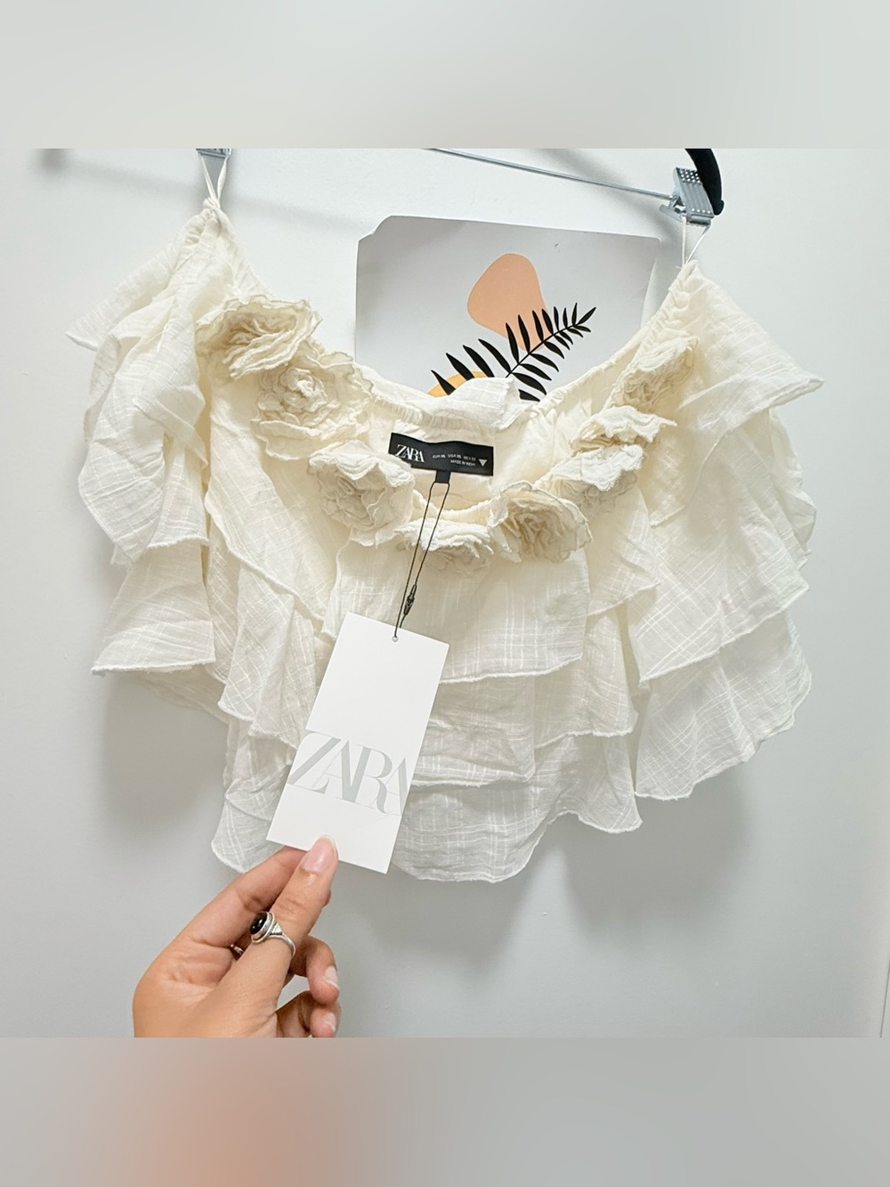 NWT Zara Tiered Ruffled Floral Applique Off-The-Shoulder Crop Top XL